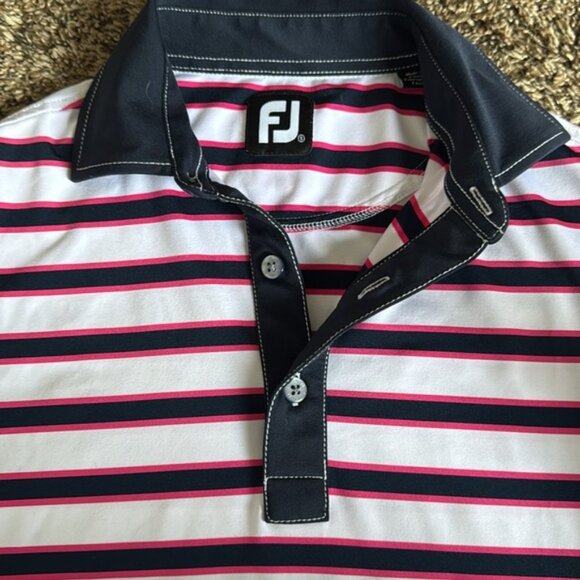 Footjoy Polo Shirt Mens Medium White Blue Performance Golf Wicking Spandex - Picture 2 of 10